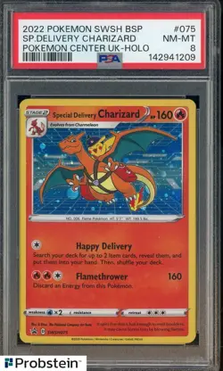 2022 POKEMON CENTER UK SWSH BSP #075 SPECIAL DELIVERY CHARIZARD HOLO PSA 8 - Image 1