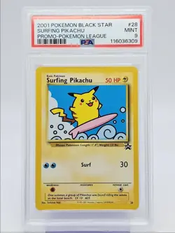 SURFING PIKACHU 2001 POKEMON BASE SET BLACK STAR PROMO WIZARDS 28 PSA 9 Q0004 - Image 1