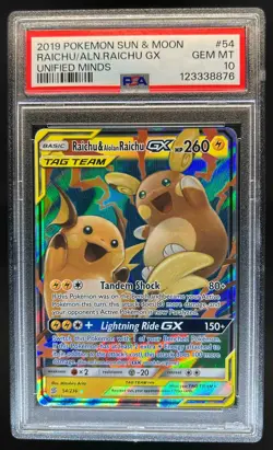 2019 Pokemon SM Unified Minds Raichu Alolan Tag Team #54/236 PSA 10 - Image 1