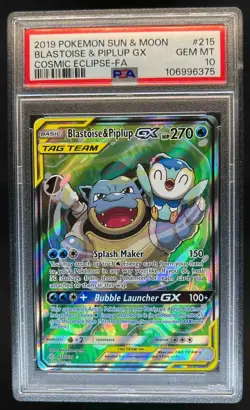 2019 Pokemon SM Cosmic Eclipse Blastoise Piplup Tag Team #215/236 PSA 10 - Image 1