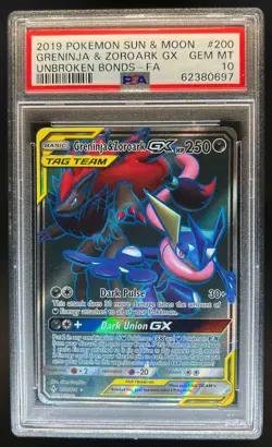 2019 Pokemon SM Unbroken Bonds Greninja Zoroark Tag Team #200/214 PSA 10 - Image 1
