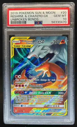 2019 Pokemon SM Unbroken Bonds Reshiram Charizard Tag Team Holo #20/214 PSA 10 - Image 1