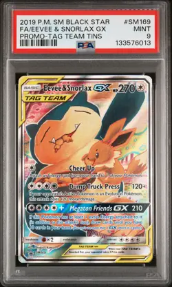 2019 POKEMON SM BLACK STAR PROMO TAG TEAM TINS FULL ART/EEVEE & SNORLAX GX PSA 9 - Image 1