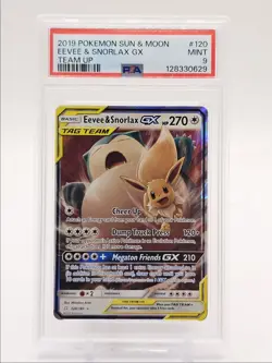 EEVEE & SNORLAX GX 2019 POKEMON TEAM UP RARE FULL ART 120/181 PSA 9 Q0004 - Image 1