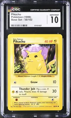 Pikachu CGC 10 GEM MINT Base Set Unlimited 58/102 Pokemon (1999) Yellow Cheeks - Image 1