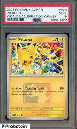 2025 POKEMON SVP BLACK STAR PROMO #225 PIKACHU WORLDS CELEBRATION WINNER PSA 9 - Image 1