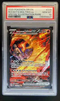 2025 Pokemon Team Rocket's Moltres ex Special Illustration Rare #229/182 PSA 10 - Image 1