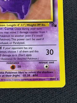 Pokemon TCG Gengar 20/62 Fossil Non Holo Rare Light Play - Image 4