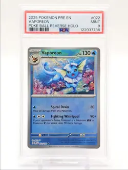 VAPOREON 2025 POKEMON EVOLUTIONS POKE BALL REVERSE HOLO RARE 022 PSA 9 Q0004 - Image 1