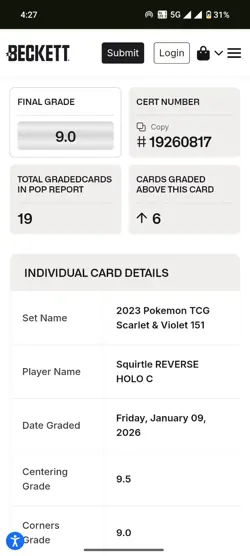 BGS 9 Squirtle Reverse Holo #007/165 Scarlet Violet 151- 2023 Pokemon - Image 3