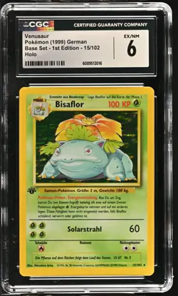 CGC 6 GERMAN Venusaur 1999 Base Set - 1st Edition 15/102 Holo Pokemon Card - Image 1