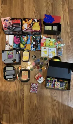 Pokemon TCG Mixed Card Lot Pikachu Charizard Eevee Cards Tins Coins Accessories - Image 1