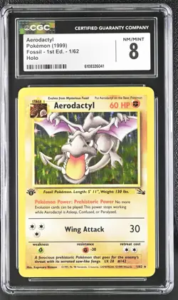 CGC 8 Aerodactyl 1999 Fossil 1st Edition 1/62 Holo Pokemon Card - Image 1