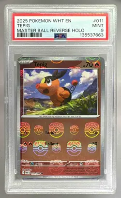 7663 Tepig 2025 Pokemon White Flare #011 Master Ball Reverse Holo Common PSA 9 - Image 1