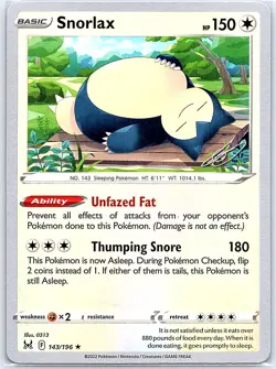Snorlax 143/196 2023 World Championships Deck Variant Lost Origin Pokemon NM - Image 1
