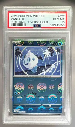 1656 Vanillite 2025 Pokemon White Flare #027 Poke Ball Reverse Holo PSA 10 - Image 1