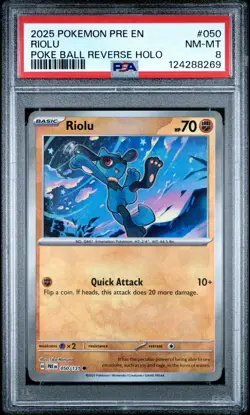2025 POKEMON PRE EN-PRISMATIC EVOLUTIONS POKE BALL REVERSE HOLO #050 RIOLU PSA 8 - Image 1