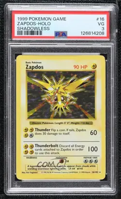 Zapdos Holo Shadowless Pokemon Base Set PSA 3 1999 - Image 1