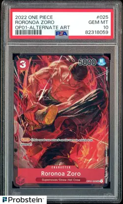 2022 One Piece OP01-Alternate Art Pre-Errata #025 Roronoa Zoro Holo Wheel PSA 10 - Image 1