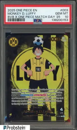 2025 ONE PIECE PROMOS BVB X ONE PIECE MATCH DAY 2025 #003 MONKEY D. LUFFY PSA 10 - Image 1