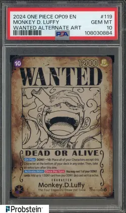 2024 One Piece OP09 EN Wanted Alternate Art #119 Monkey D. Luffy PSA 10 - Image 1