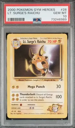 2000 Pokemon Gym Heroes Lt. Surge’s Raichu PSA 10 #28 - Image 1