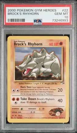 2000 Pokemon Gym Heroes Brock’s Rhyhorn PSA 10 #22 - Image 1
