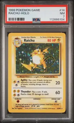 1999 POKEMON GAME #14 RAICHU-HOLO PSA 7 - Image 1