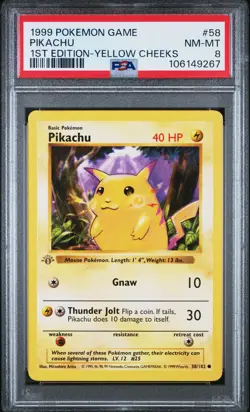 1999 POKEMON GAME 1ST ED-YELLOW CHEEKS #58 PIKACHU PSA 8 - Image 1