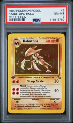 1999 POKEMON FOSSIL 1ST ED #9 KABUTOPS-HOLO PSA 8 - Image 1