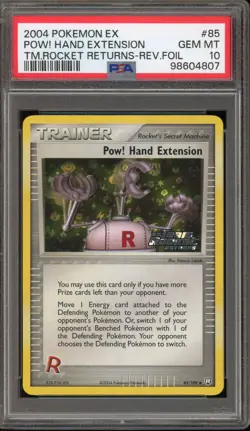 Pokemon Pow Hand Extension EX Team Rocket Returns Reverse Holo #85 PSA 10 - Image 1