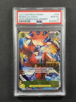 One Piece Cards PSA 10 Monkey D Luffy Pre-Release Winner Stamped Promo P-036 - Image 1