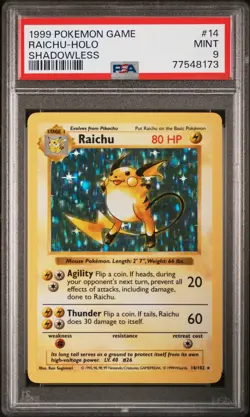 1999 POKEMON GAME SHADOWLESS #14 RAICHU-HOLO PSA 9 - Image 1