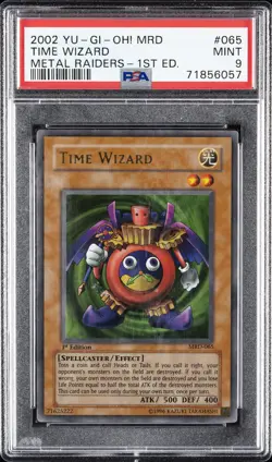 2002 YU-GI-OH! MRD-METAL RAIDERS 1ST ED #065 TIME WIZARD PSA 9 - Image 1