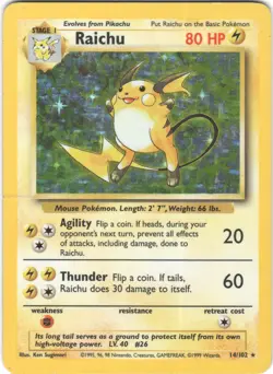 Raichu 14/102 Rare Base Set Pokemon Holo HP (Damaged/Creased) - Image 1