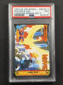 Pokemon Cards PSA 9 Mint Moltres & Ash Carddass Vending Series 6 Jpn Movie 19 - Image 1