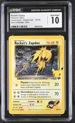 CGC 10 Rocket's Zapdos 2021 Celebrations Classic Coll. 15/132 Holo Pokemon Card - Image 1