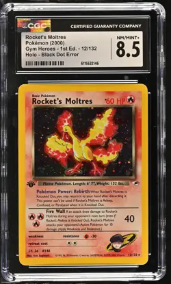 CGC 8.5 Rocket's Moltres Gym Heroes 1st Edition 12/132 Black Dot Error Pokemon - Image 1