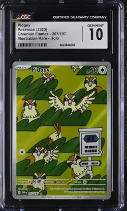 Pidgey Pokemon 2023 Obsidian Flames SV03 207/197 Illustration Rare Holo IR CGC10 - Image 1