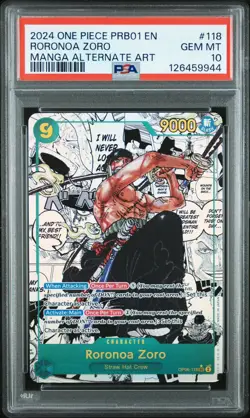2024 ONE PIECE PRB01-PREMIUM BOOSTER MANGA ALTERNATE ART RORONOA ZORO PSA 10 - Image 1