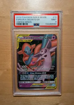 POKEMON 2019 SUN & MOON UNIFIED MINDS ESPEON & DEOXYS GX #72 PSA 9 - Image 1