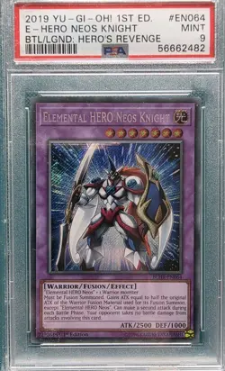 YUGIOH Secret Rare Elemental Hero Neos Knight BLHR-EN064 1st Edition PSA 9 - Image 1