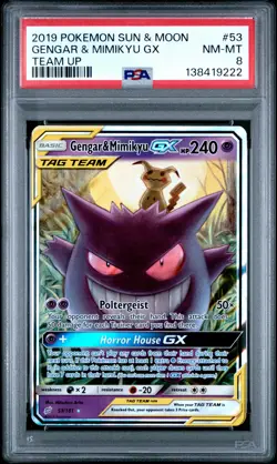 2019 POKEMON SUN & MOON TEAM UP #53 GENGAR & MIMIKYU GX PSA 8 - Image 1