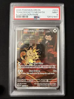 2025 Pokemon DRI EN Team Rockets Meowth 203/182 Illustration Rare PSA 9 - Image 1