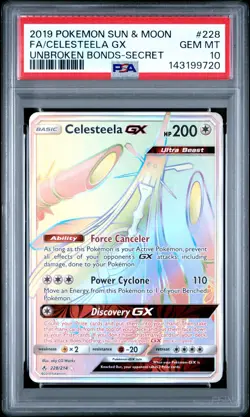 2019 POKEMON SUN & MOON UNBROKEN BONDS SECRET #228 FULL ART/CELESTEELA GX PSA 10 - Image 1