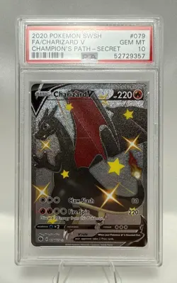 2020 POKEMON SWORD & SHIELD CHAMPIONS PATH SECRET #079 FA/CHARIZARD V PSA 10 - Image 1
