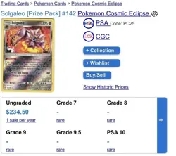 Pokemon TCG Card Solgaleo 142/236 SM-Cosmic Eclipse Holo Rare-Club promo - Image 1