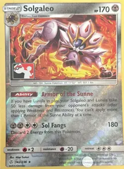 Pokemon TCG Card Solgaleo 142/236 SM-Cosmic Eclipse Holo Rare-Club promo - Image 2