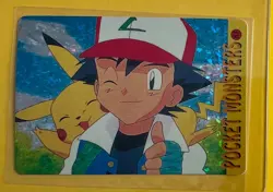 PIKACHU ASH WINK Japanese Prism Holo Sticker Card Anime Collectible Foil LP - Image 1