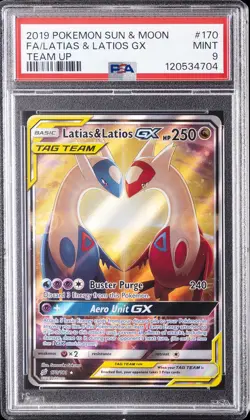 2019 POKEMON SUN & MOON TEAM UP #170 FULL ART/LATIAS & LATIOS GX PSA 9 - Image 1